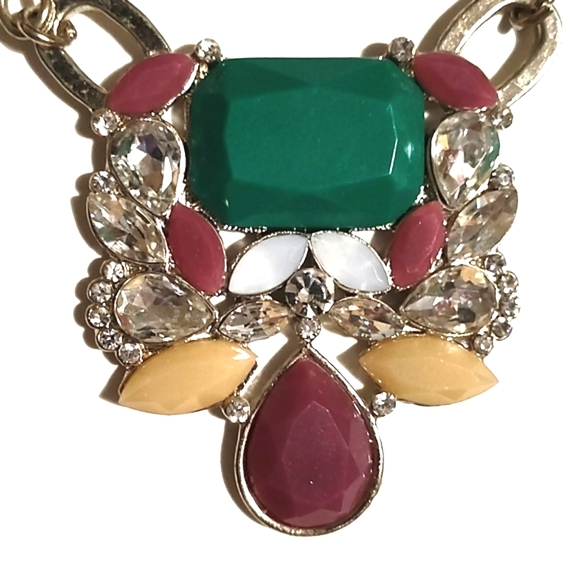 LOFT GREEN, BURGUNDY, DARK YELLOW ACRYLIC & RHINESTONE SILVER-TONE 19" NECKLACE - Picture 4 of 10